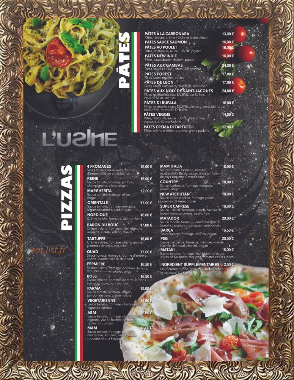 Carte et menu de L'usine Provins à Provins — Pizzas et pates