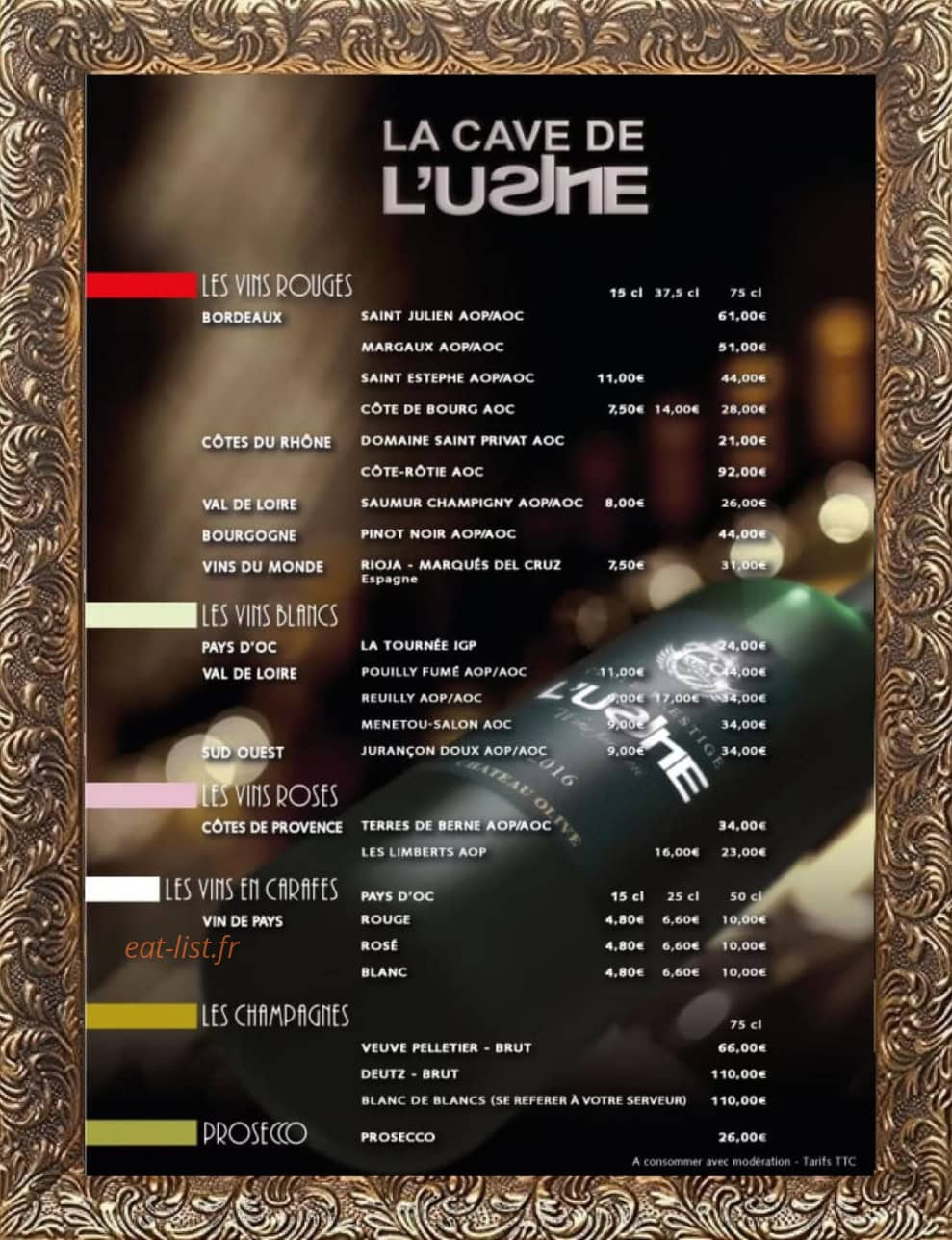 Carte et menu de L'usine Provins à Provins — Les vins