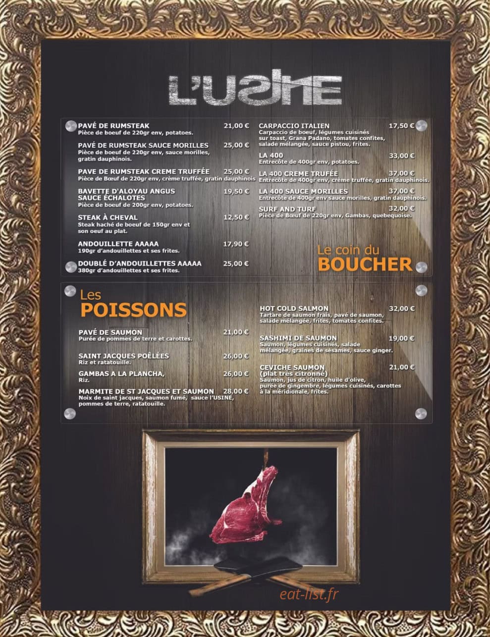 Carte et menu de L'usine Provins à Provins — Coin du boucher, poisson