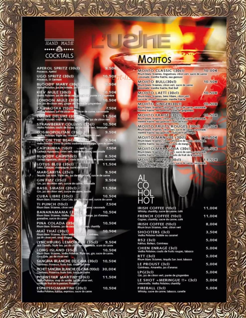 Carte et menu de L'usine Provins à Provins — Cocktails, mojito