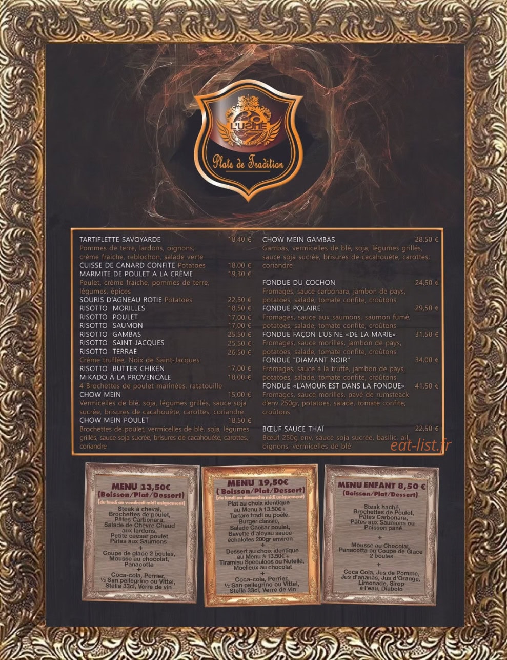 Carte et menu de L'usine Provins à Provins — Plats traditionnels, menus