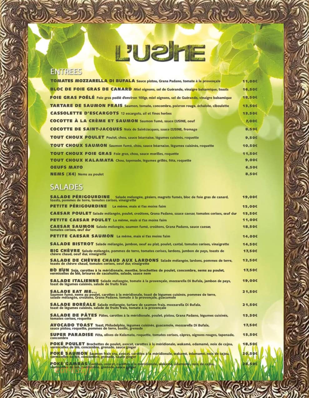 Carte et menu de L'usine Provins à Provins — Entrées, salades...