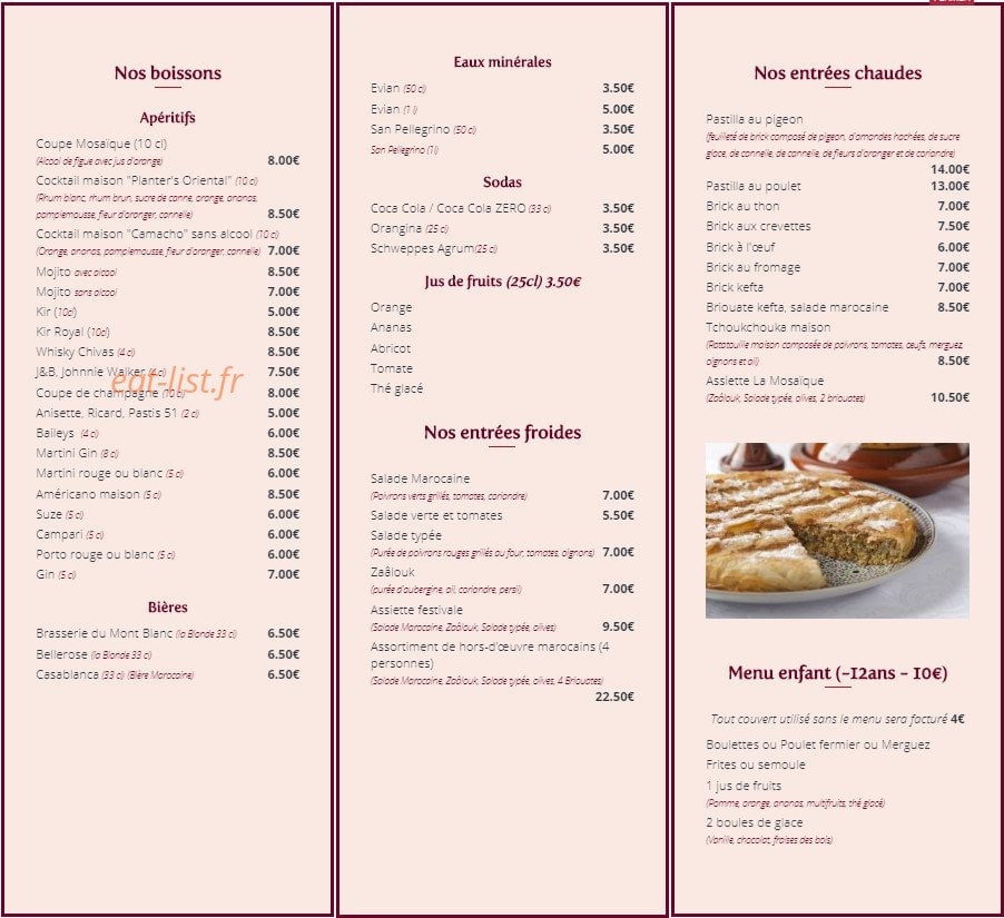 Restaurant Hôtel La Mosaïque — carte page 1