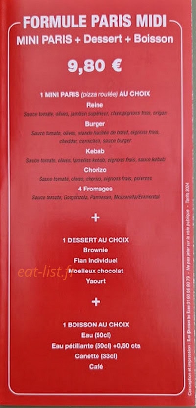 Paris Pizza — carte page 1