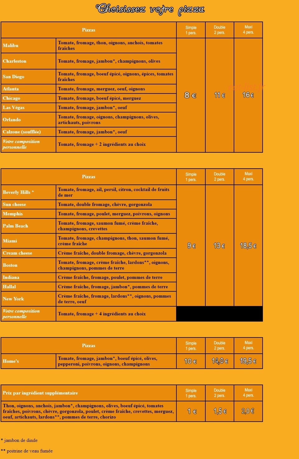 Home's Pizza — carte page 1