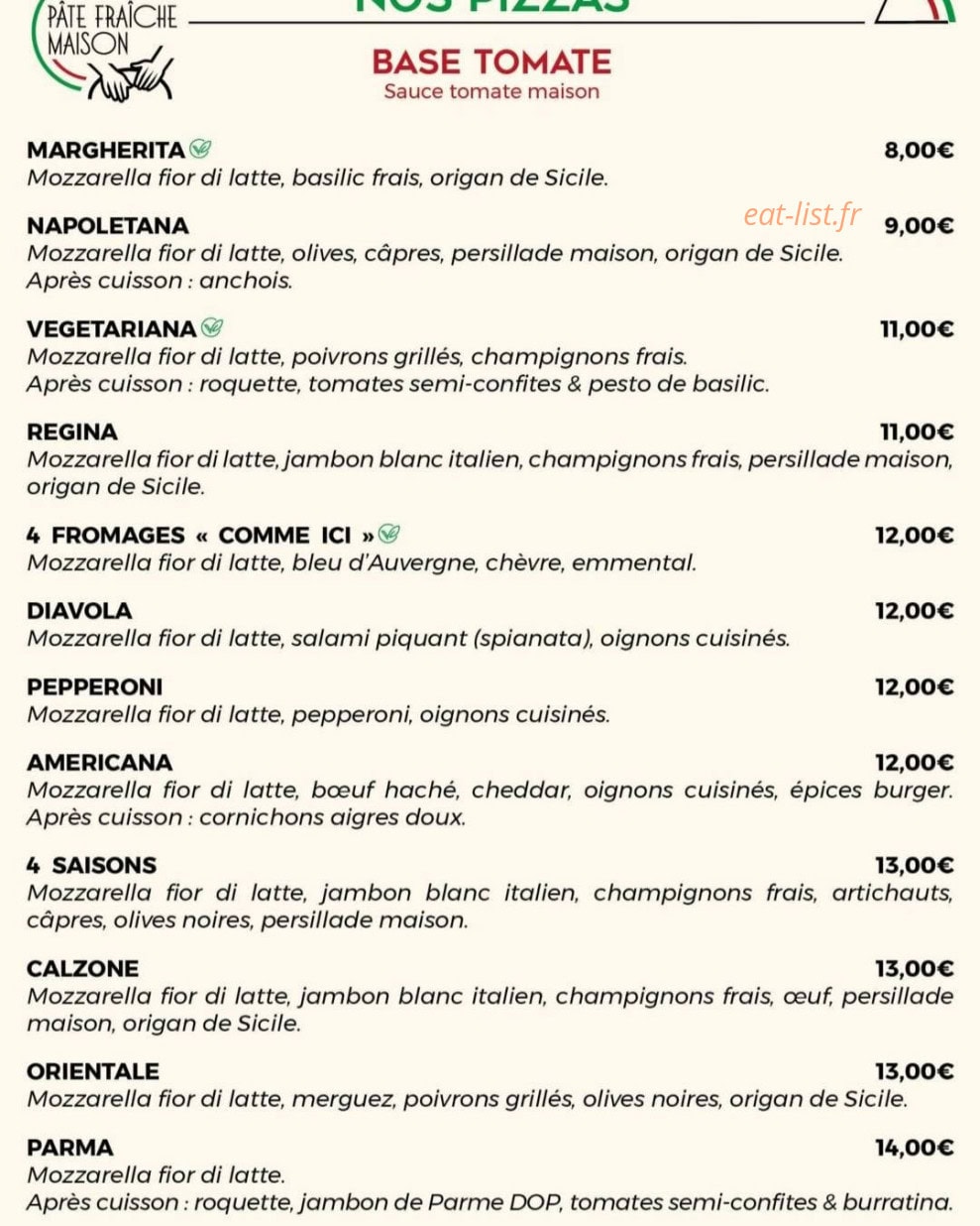 Carte et menu de L'italien du coin à Brou sur Chantereine — Les pizzas