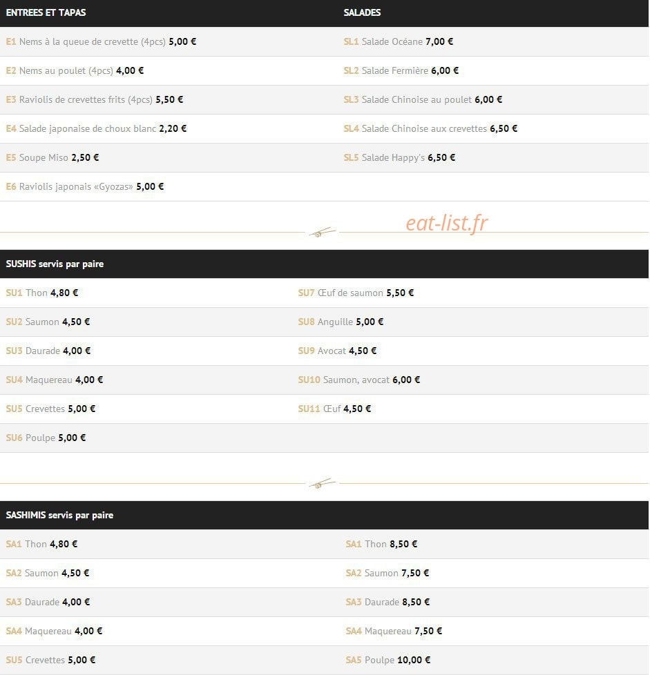 Happy Sushi — carte page 1