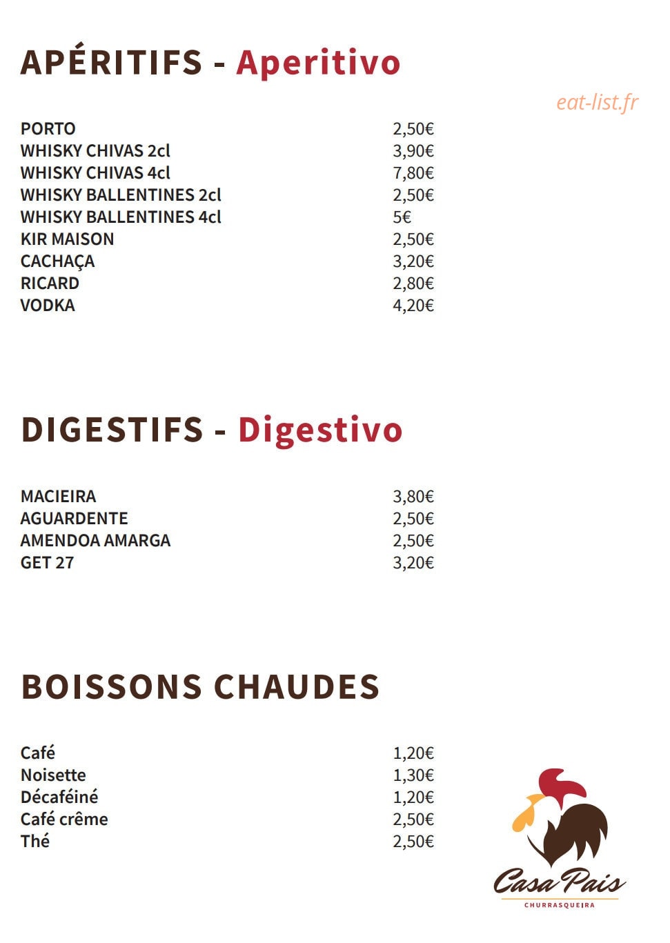 Carte et menu de Casa Pais à Gretz Armainvilliers — Les apéritifs, digestifs et boissons chaudes