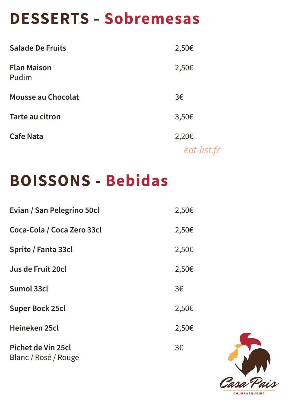 Carte et menu de Casa Pais à Gretz Armainvilliers — Les desserts et boissons