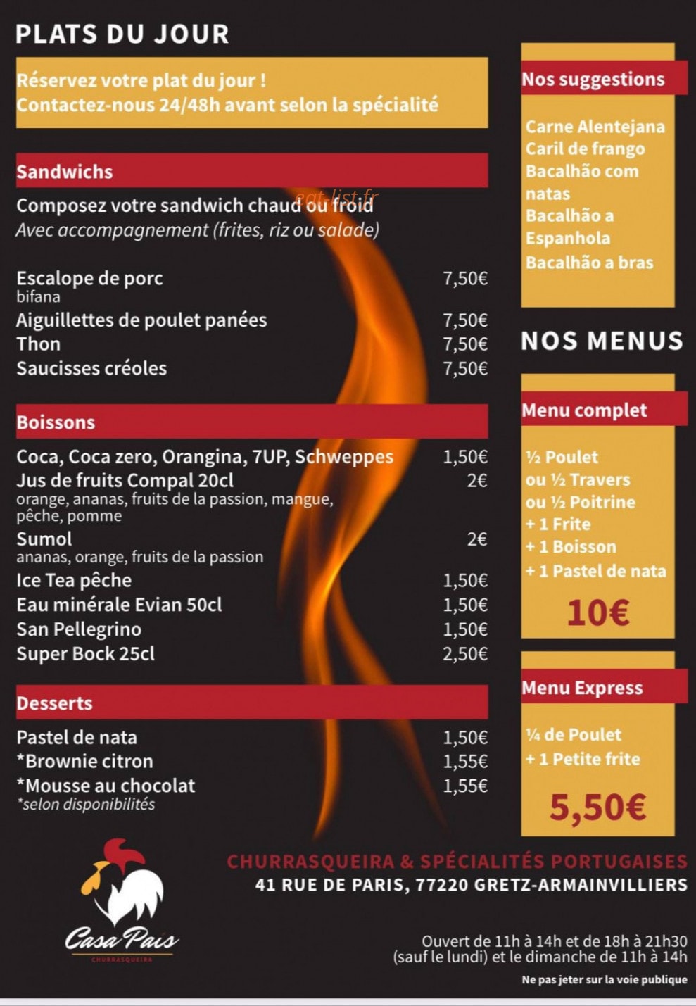 Carte et menu de Casa Pais à Gretz Armainvilliers — Les sandwichs, boissons et desserts à emporter