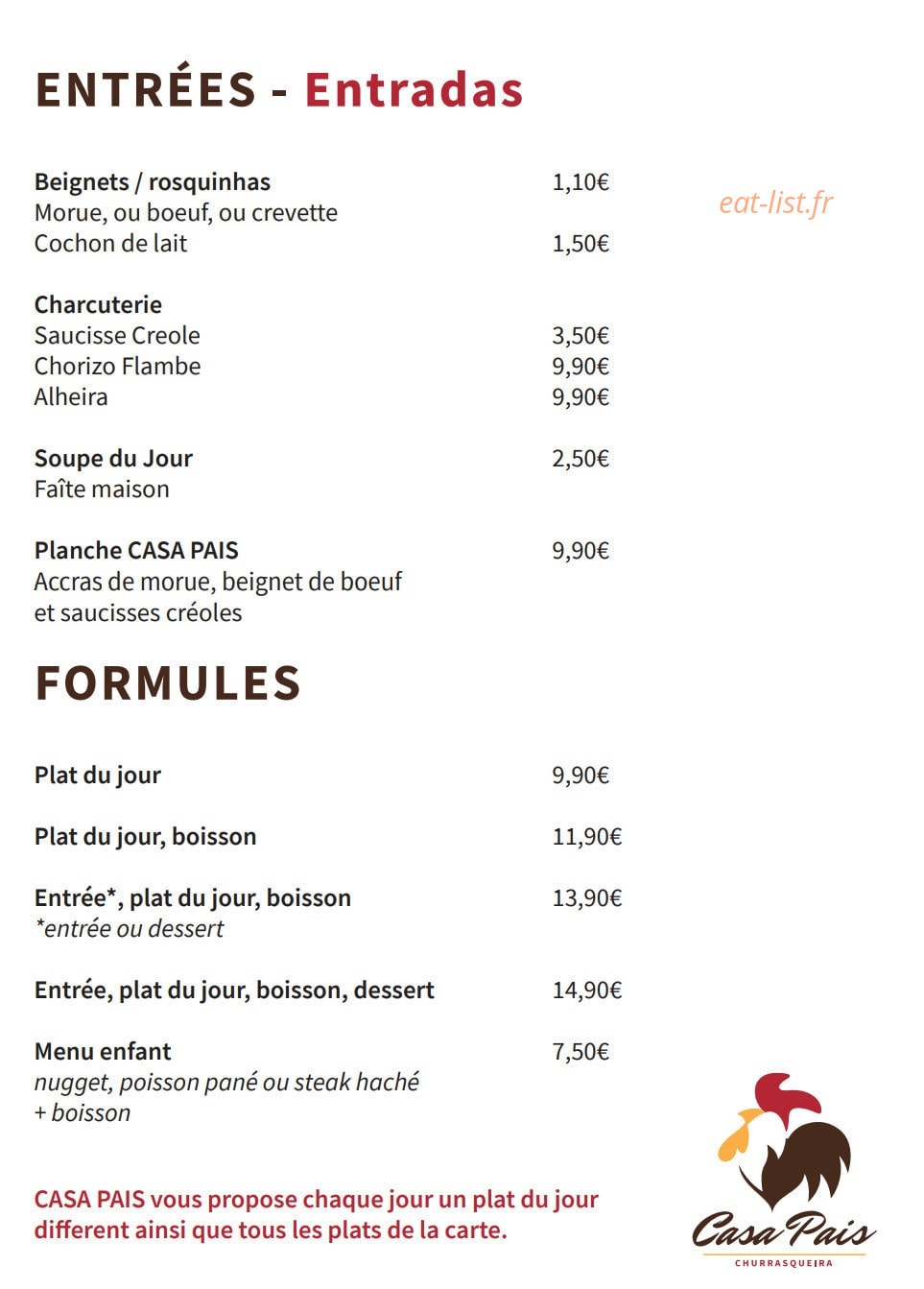 Carte et menu de Casa Pais à Gretz Armainvilliers — Les entrées et formules