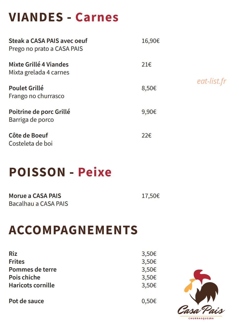 Carte et menu de Casa Pais à Gretz Armainvilliers — Les viandes, poissons et accompagnements