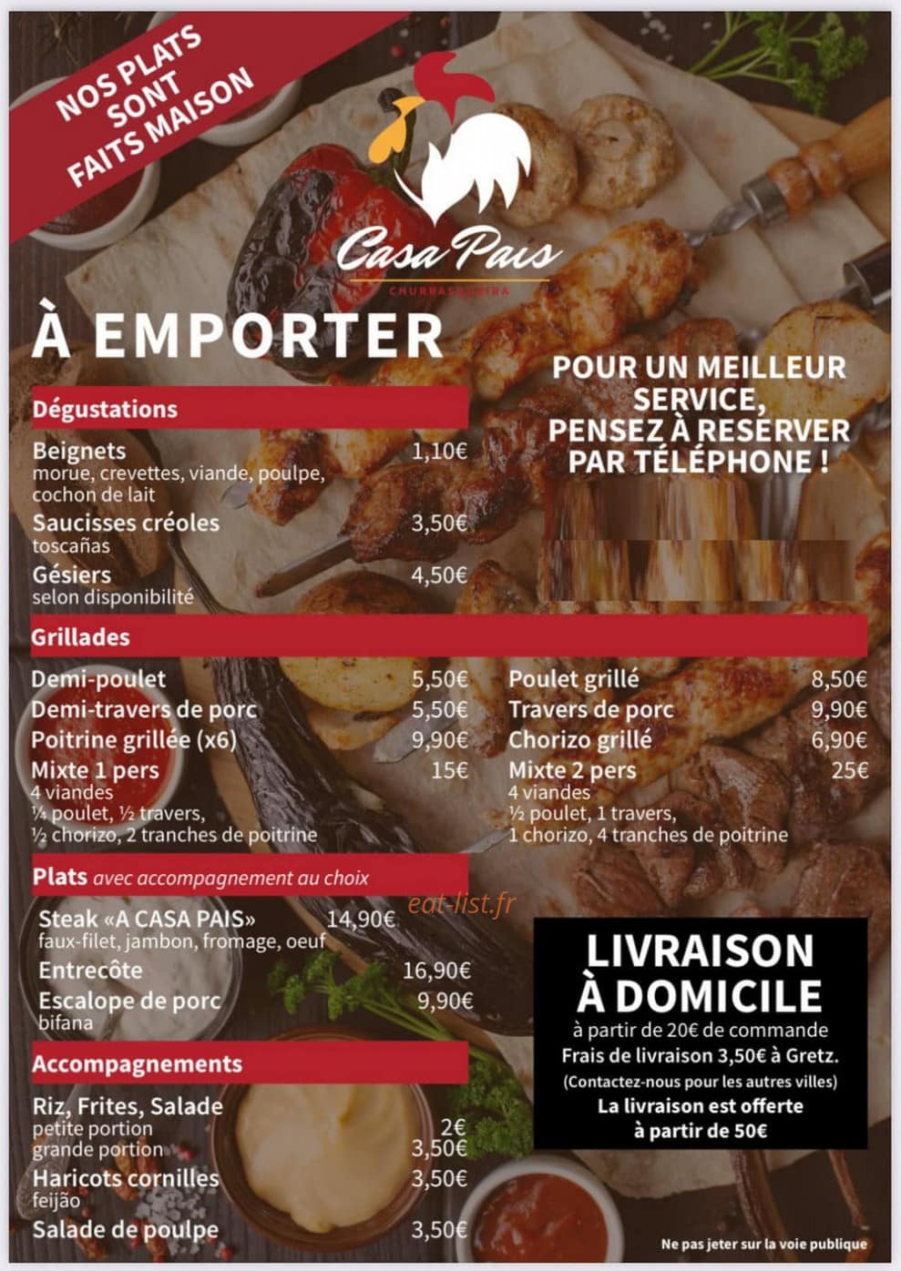 Carte et menu de Casa Pais à Gretz Armainvilliers — Les grillades, plats et accompagnements à emporter