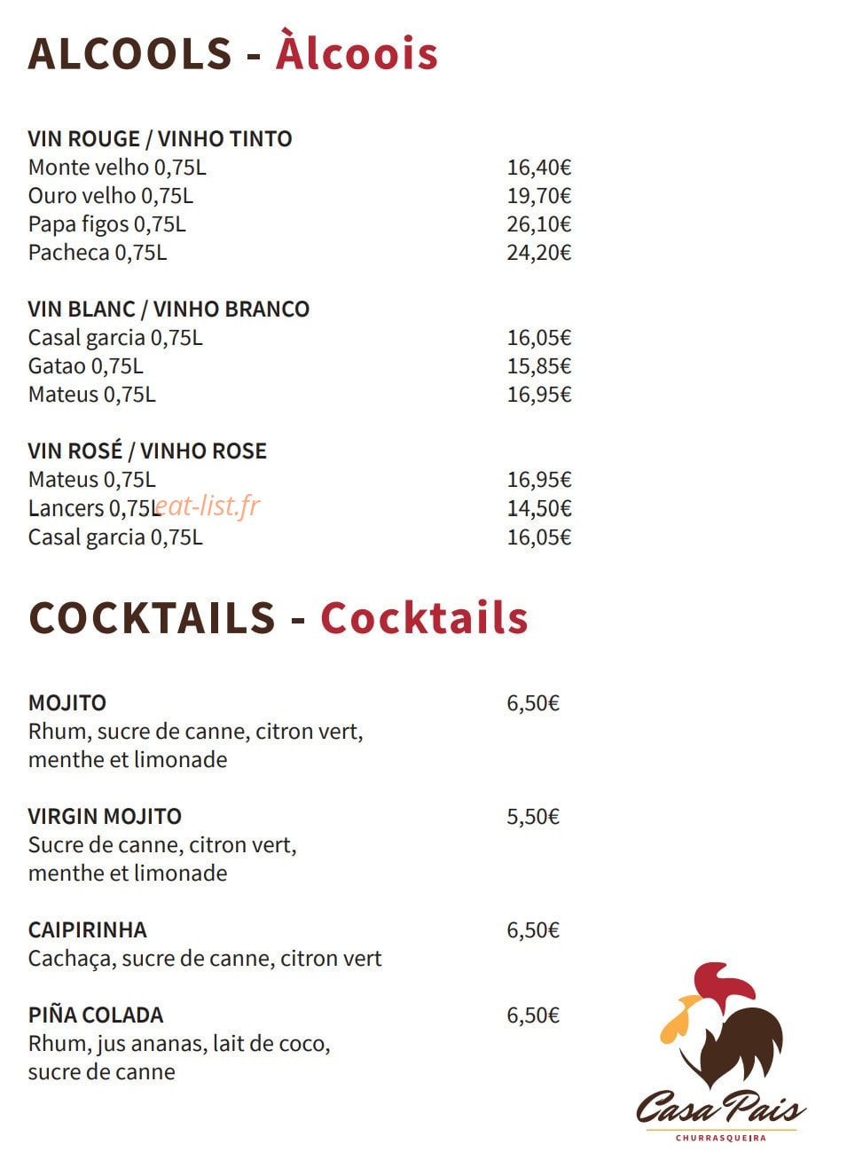 Carte et menu de Casa Pais à Gretz Armainvilliers — Les alcools et cocktals