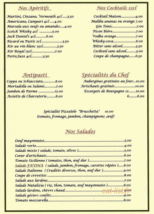 Carte et menu de Pizza Favina à Tournan en Brie — les apéritifs, cocktails, antipastis, spécialistes du chef et les salades