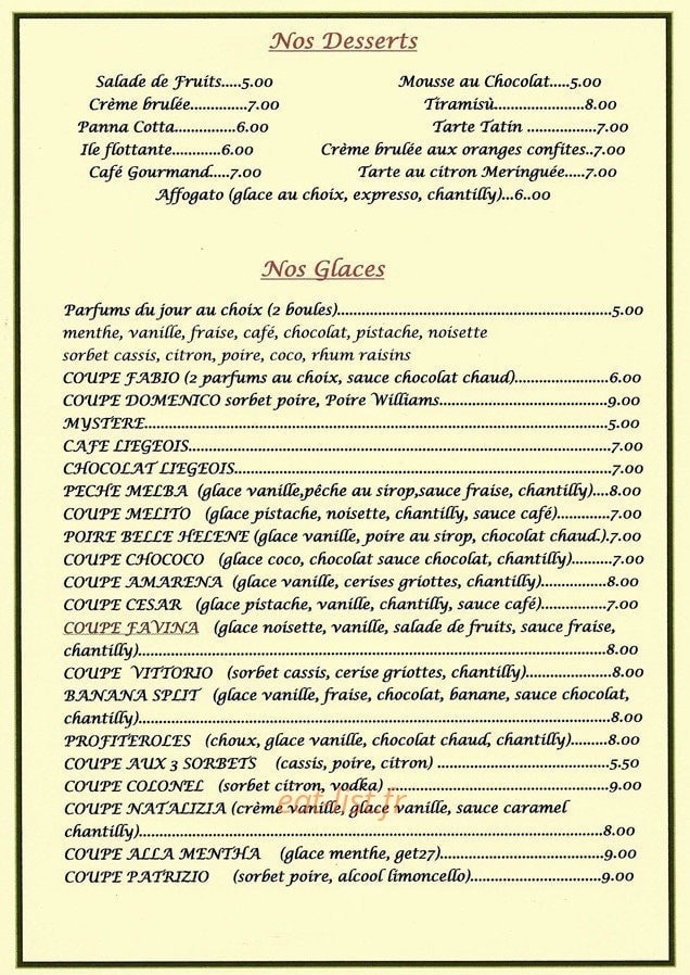 Carte et menu de Pizza Favina à Tournan en Brie — les desserts et glaces