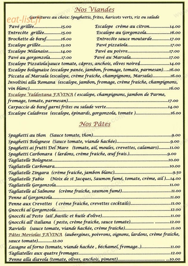 Carte et menu de Pizza Favina à Tournan en Brie — les viandes et pâtes
