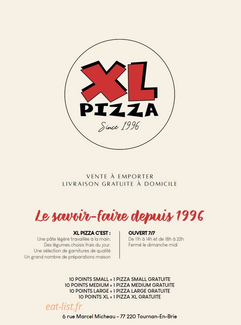 XL Pizza — carte page 1