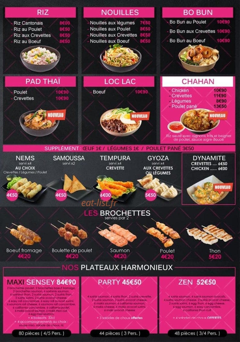 Carte et menu de Sushi sensey à Dammartin en Goele — Les nouilles, brochettes, ...