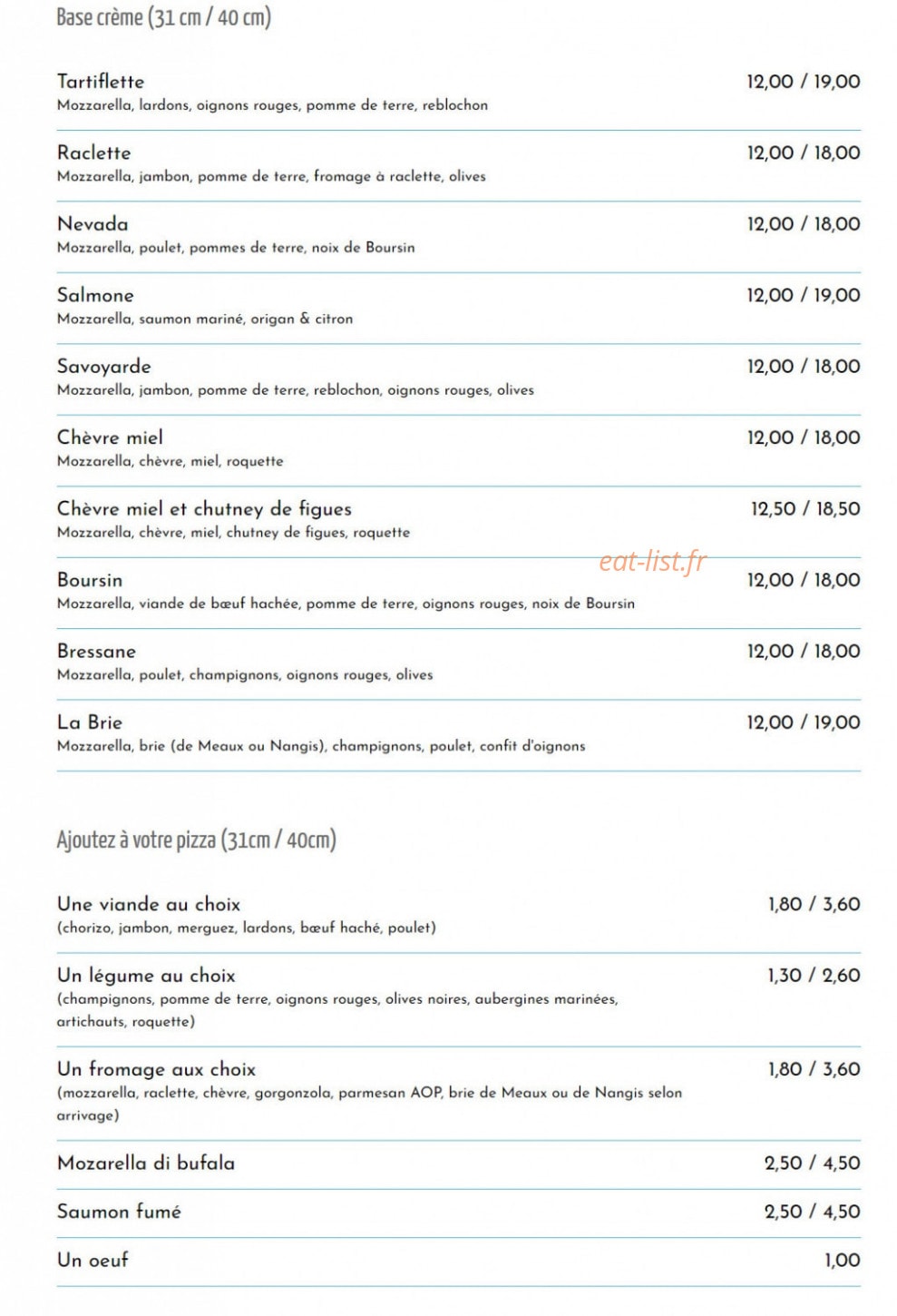 Red's Pizza — carte page 2