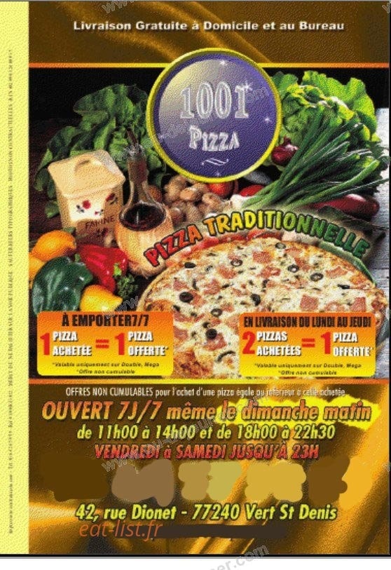 1001 Pizza — carte page 1