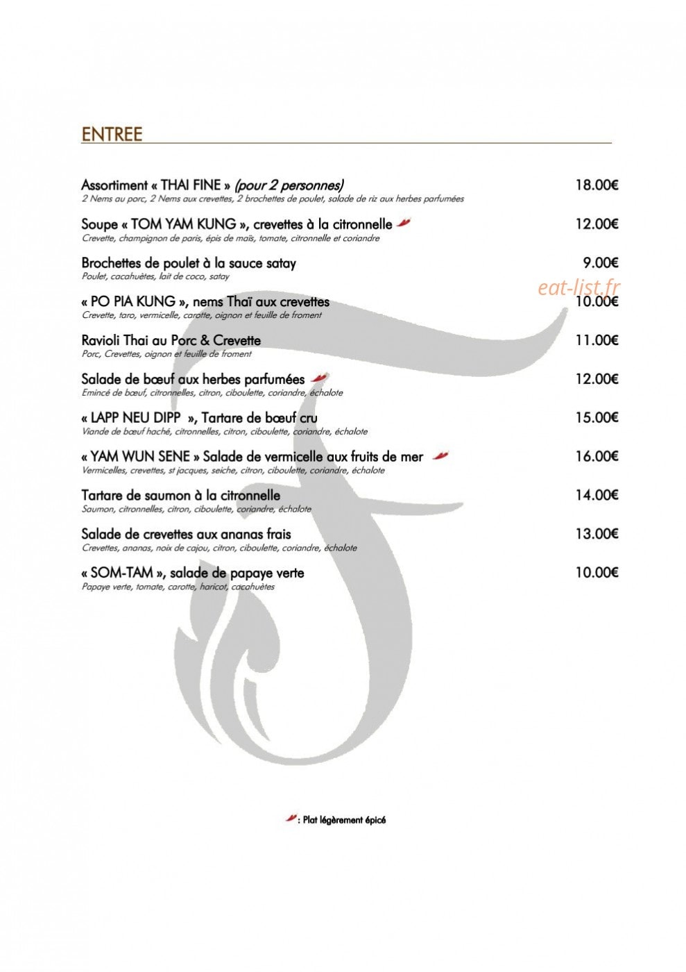 Thai Fine — carte page 1