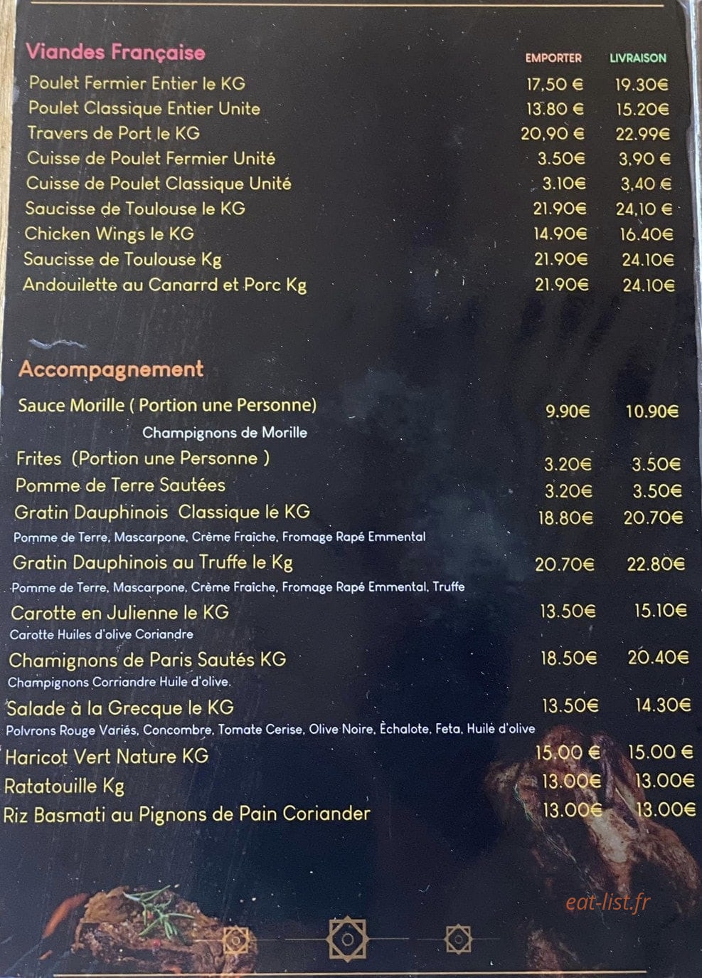 Carte et menu de Rotisserie Sara à La Ferte Sous Jouarre — Les viandes et accompagnements