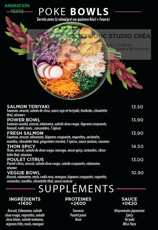 Carte et menu de Sushi nori à La Ferte Sous Jouarre — Les pokés bowls et suppléments