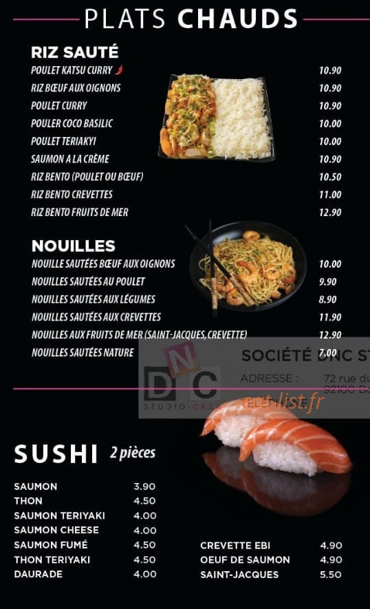 Carte et menu de Sushi nori à La Ferte Sous Jouarre — Les plats chauds et sushis