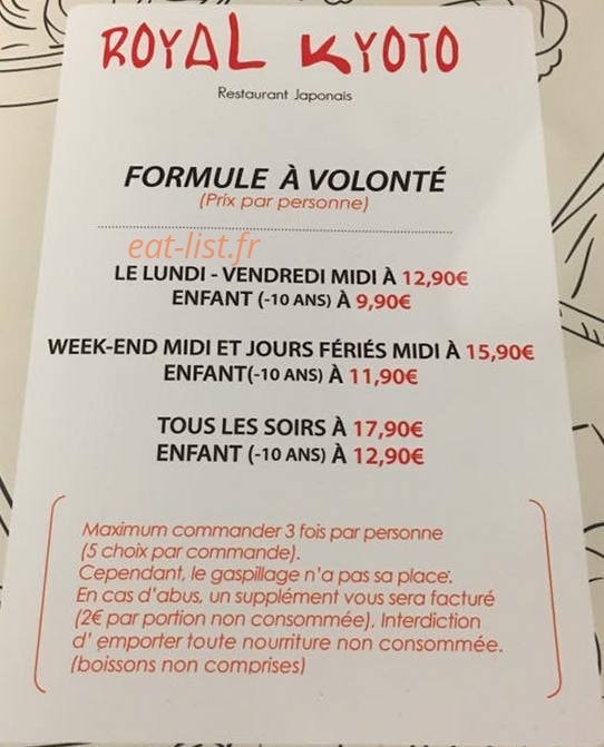 Carte et menu de Royal kyoto à Villeparisis — Les formules