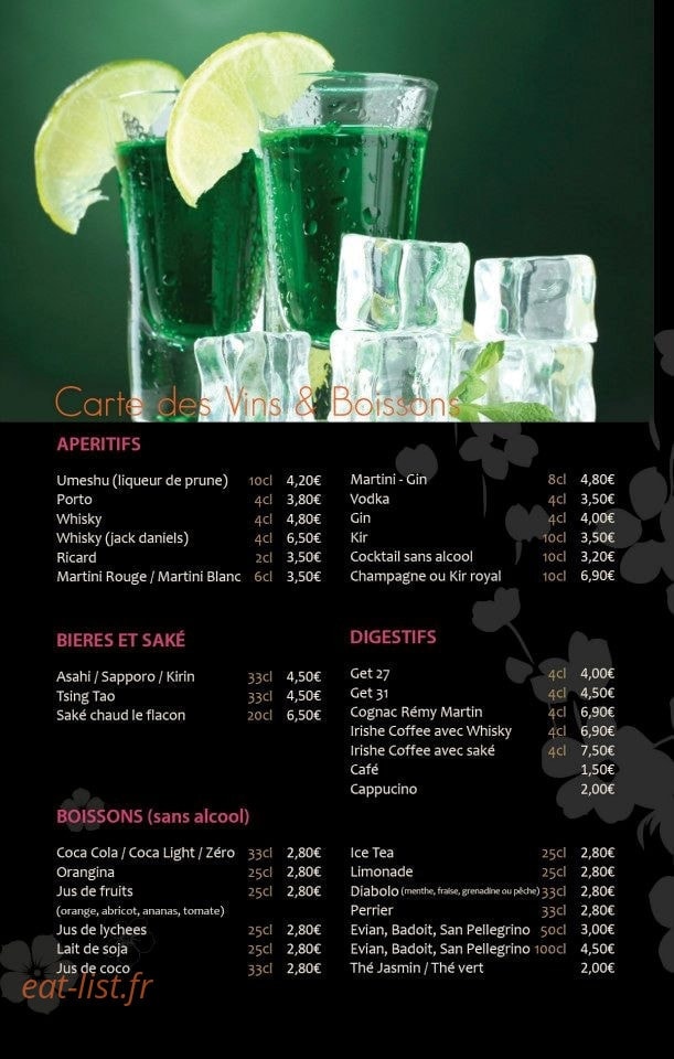 Carte et menu de Royal kyoto à Villeparisis — Les boissons