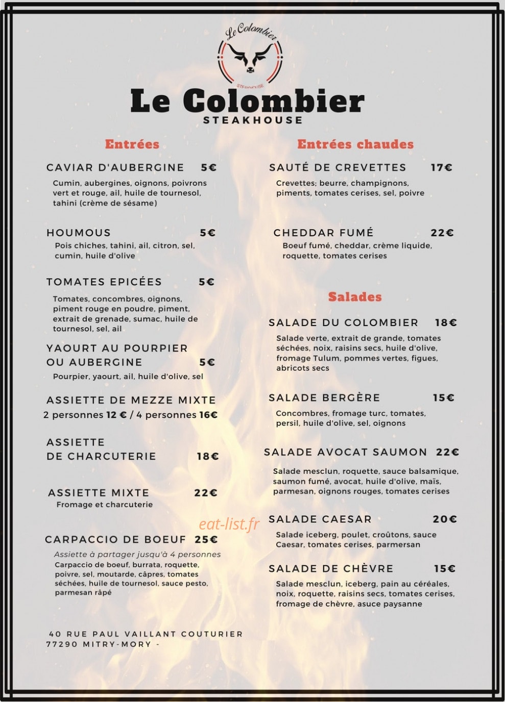 Le Colombier Steakhouse — carte page 1