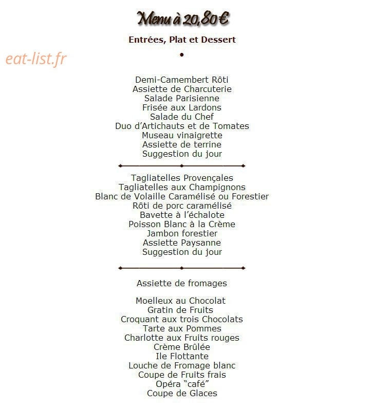Carte et menu de L auberge de La croix d’Augas à Fontainebleau — Le menu à 20,80€