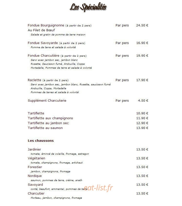 Carte et menu de L auberge de La croix d’Augas à Fontainebleau — Les spécialités