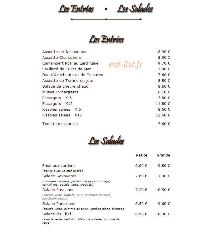 Carte et menu de L auberge de La croix d’Augas à Fontainebleau — Les entrées et les salades