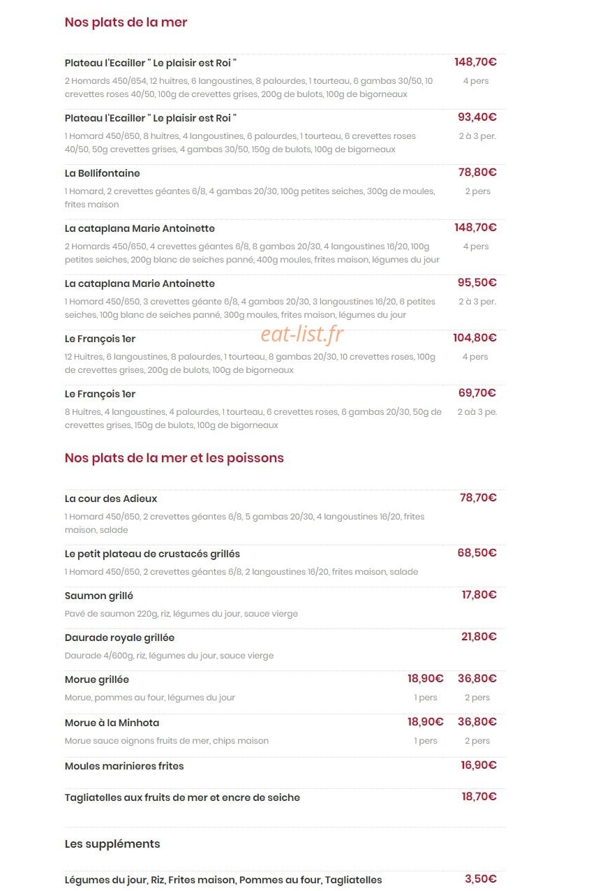 Carte et menu de L'Ecailler du château à Fontainebleau — les plats
