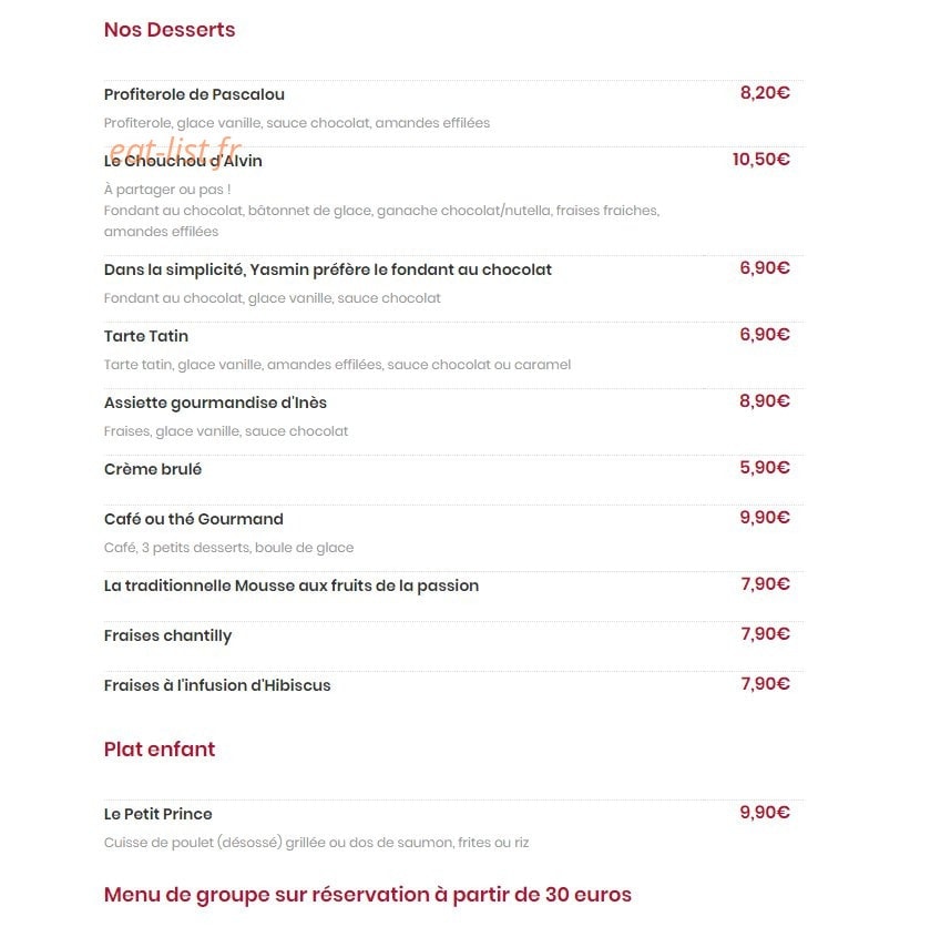 Carte et menu de L'Ecailler du château à Fontainebleau — Les desserts et les plats