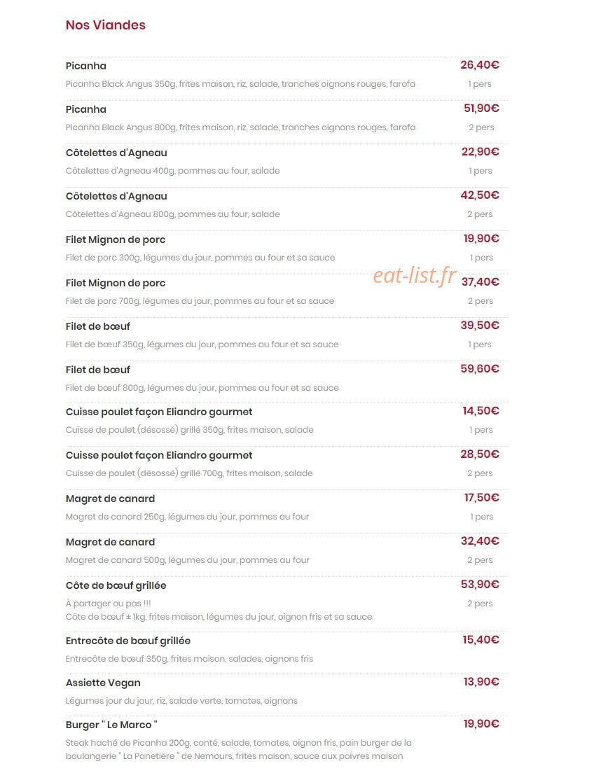Carte et menu de L'Ecailler du château à Fontainebleau — les viandes