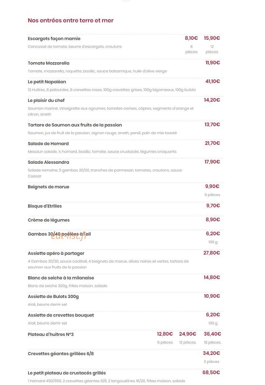 Carte et menu de L'Ecailler du château à Fontainebleau — Les entrées