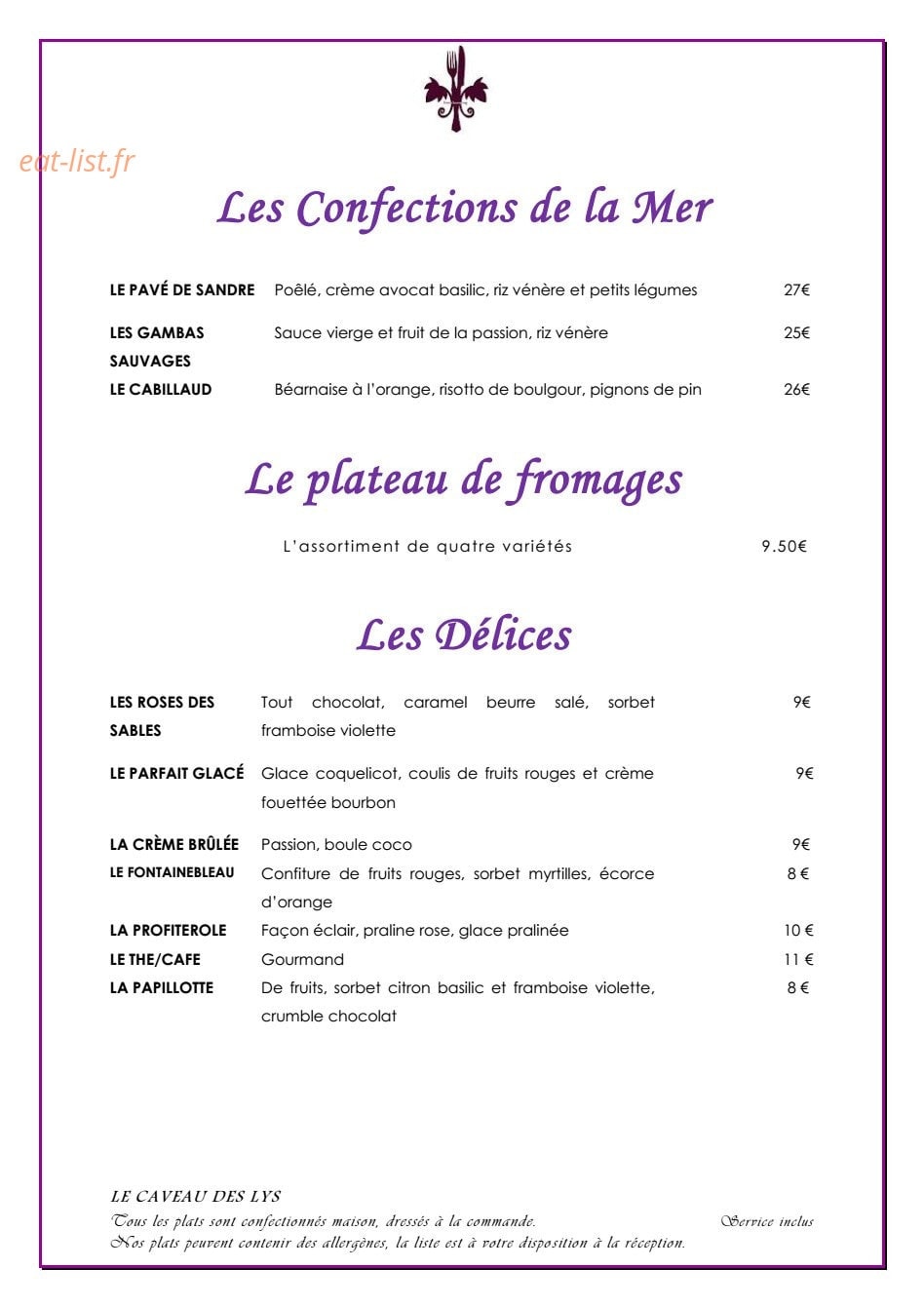 le caveau des lys fontainebleau carte Le Caveau Des Lys à Fontainebleau, carte menu et photos