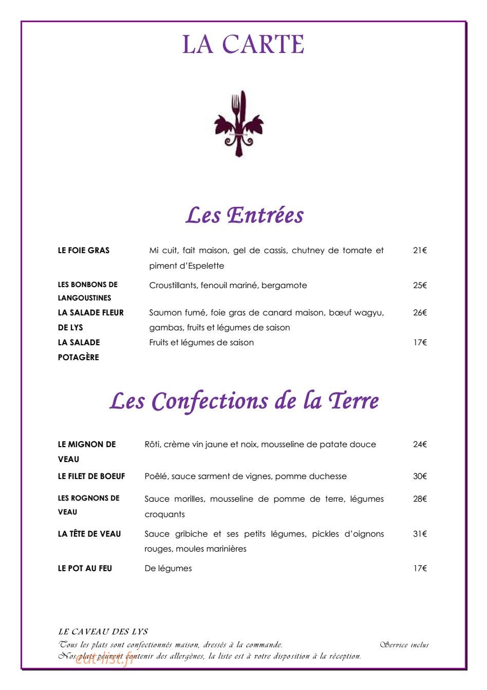 le caveau des lys fontainebleau carte Le Caveau Des Lys à Fontainebleau, carte menu et photos