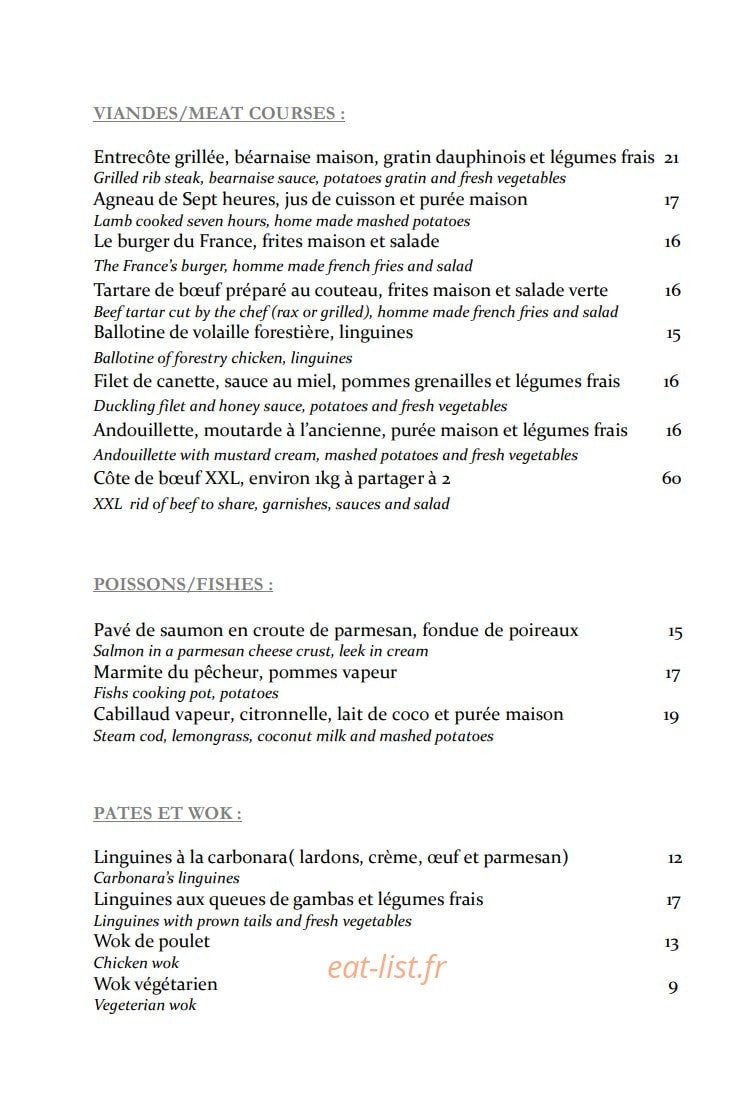 Carte et menu de Le France à Fontainebleau — les viandes, poissons,...