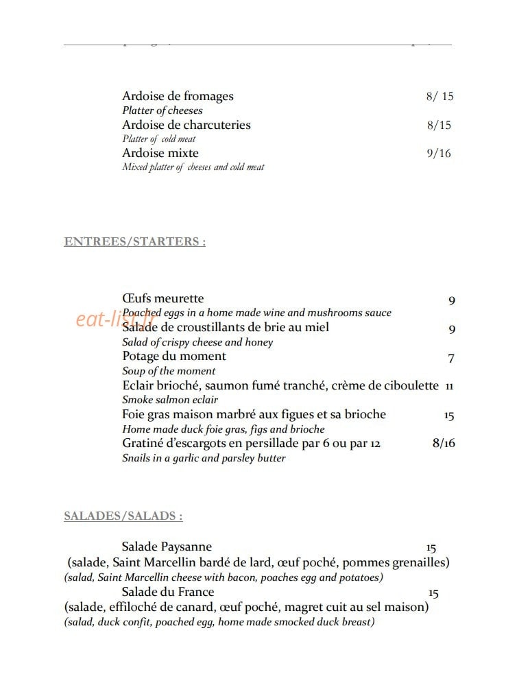 Carte et menu de Le France à Fontainebleau — Les entrées, fromages,...