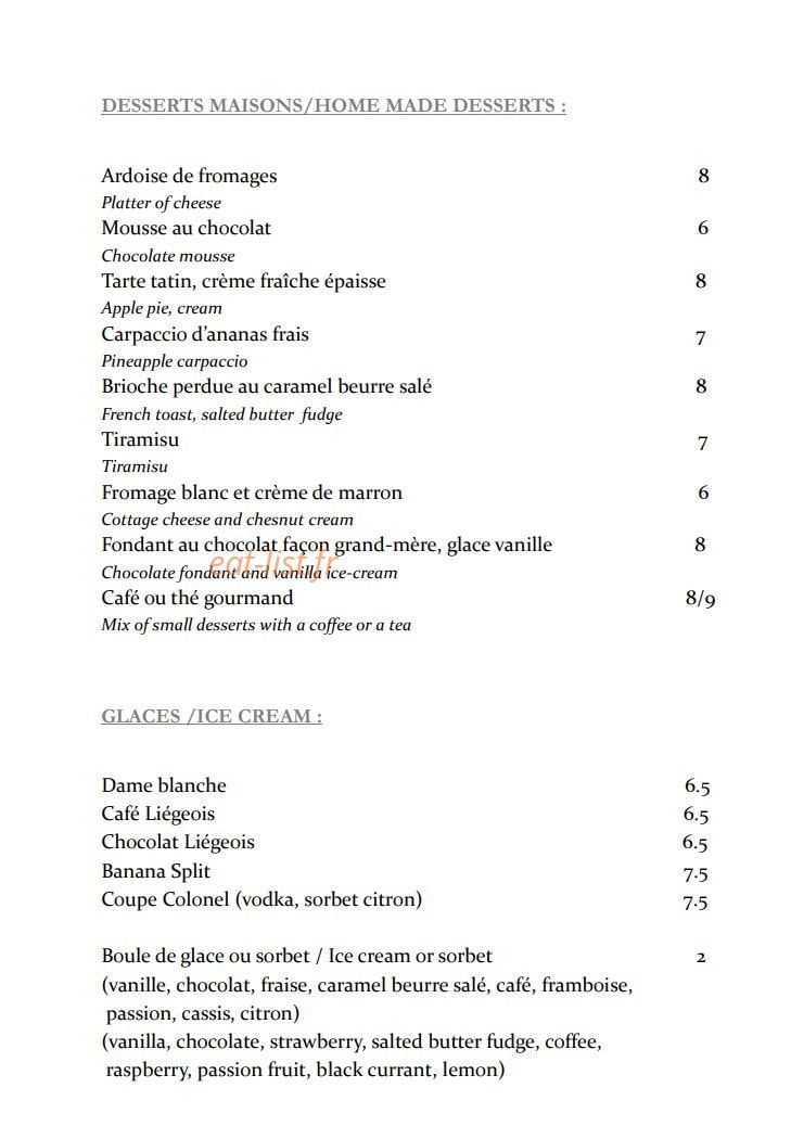 Carte et menu de Le France à Fontainebleau — Les desserts, glaces,...