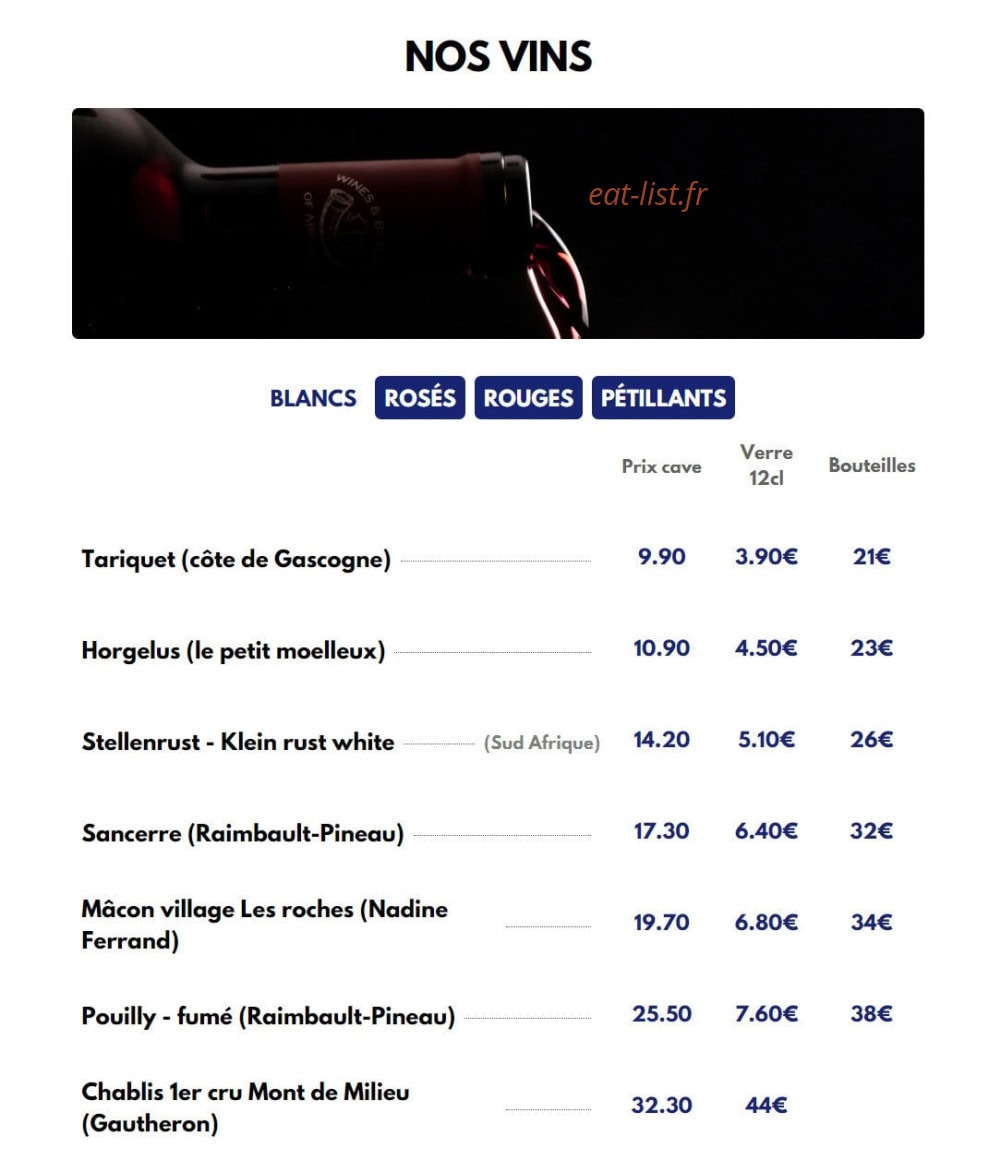 Carte et menu de Le Viand'art à Fontainebleau — Les vins blancs