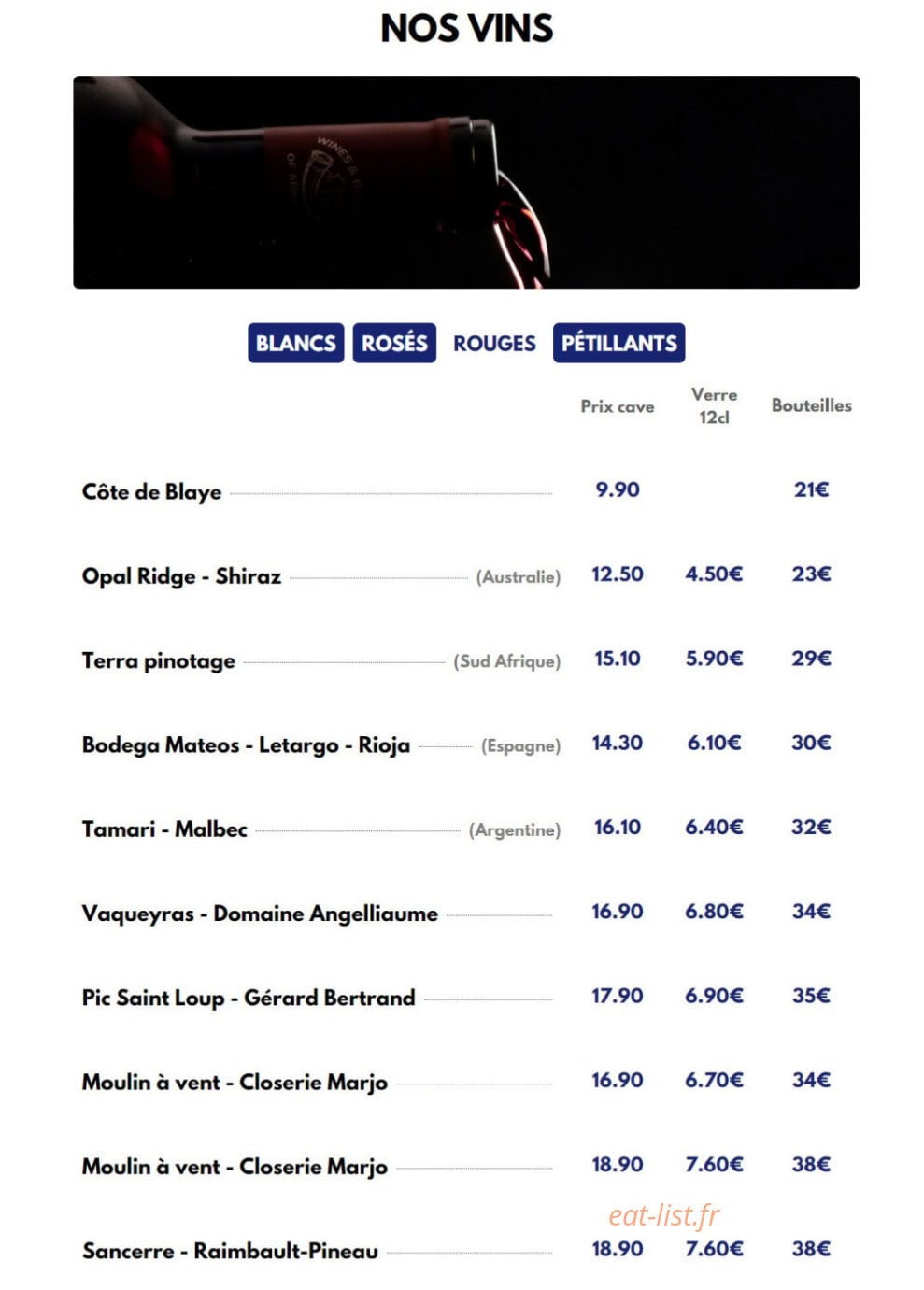 Carte et menu de Le Viand'art à Fontainebleau — Les vins rouges