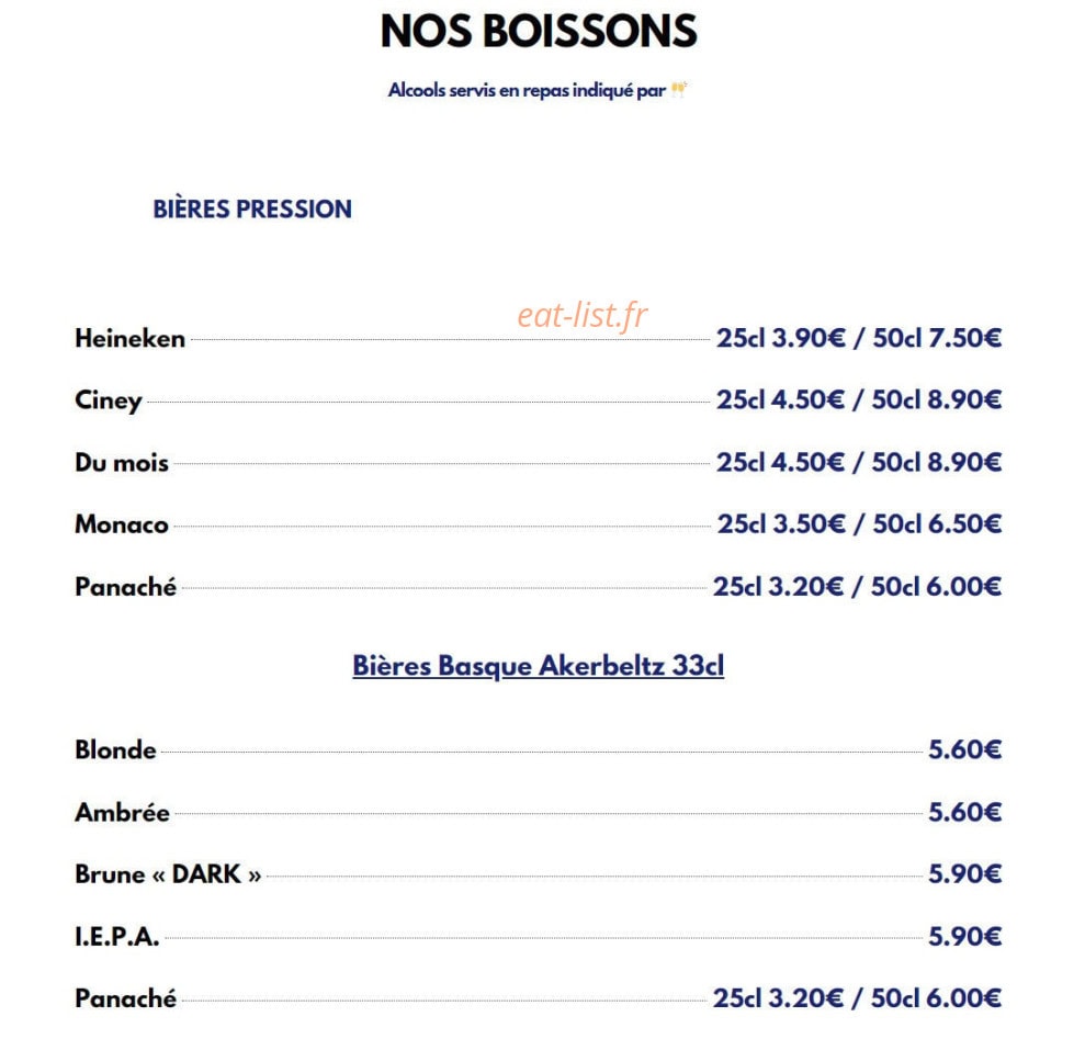 Carte et menu de Le Viand'art à Fontainebleau — Les bières pressions et bières basque akerbeltz