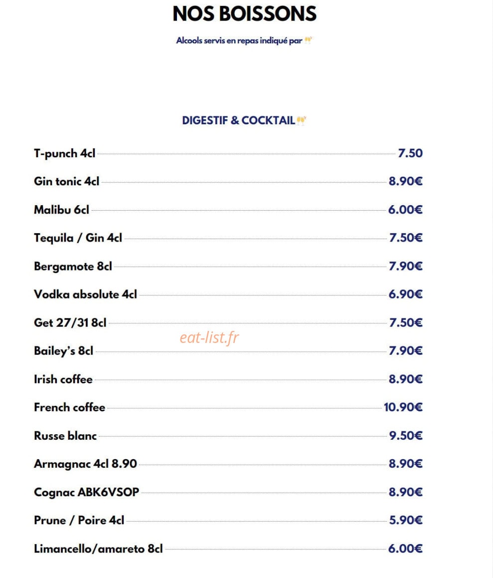 Carte et menu de Le Viand'art à Fontainebleau — Les digestifs et cocktails