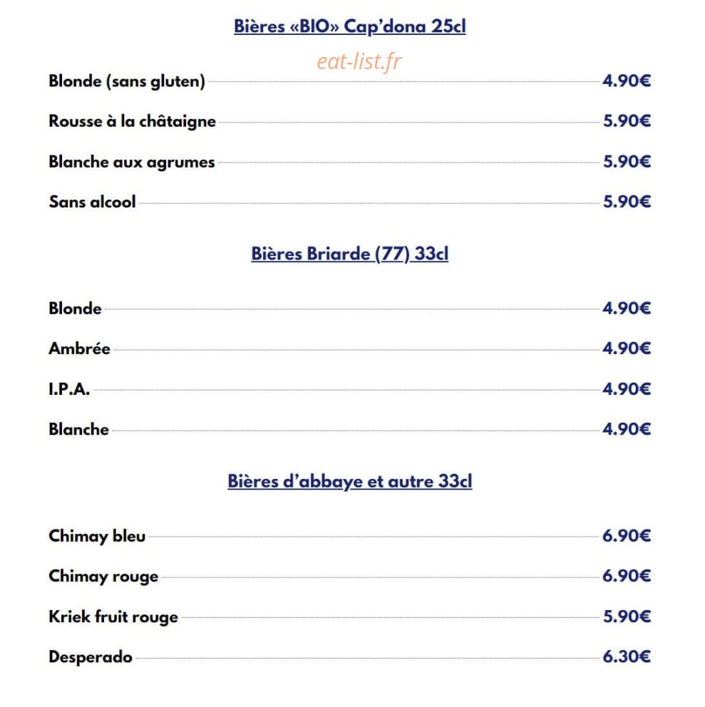 Carte et menu de Le Viand'art à Fontainebleau — Les bières bio cap’dona, bières briarde et bières d’abbaye et autre