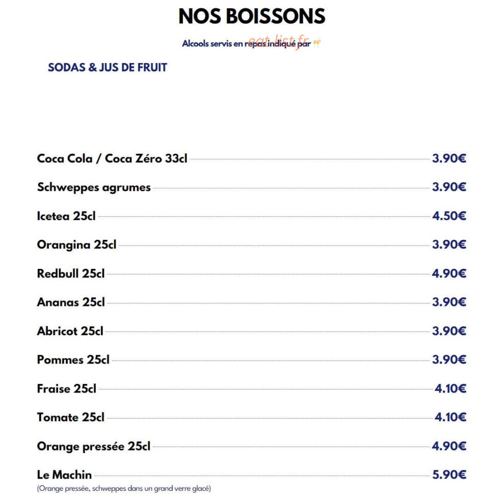 Carte et menu de Le Viand'art à Fontainebleau — Les sodas et jus de fruits